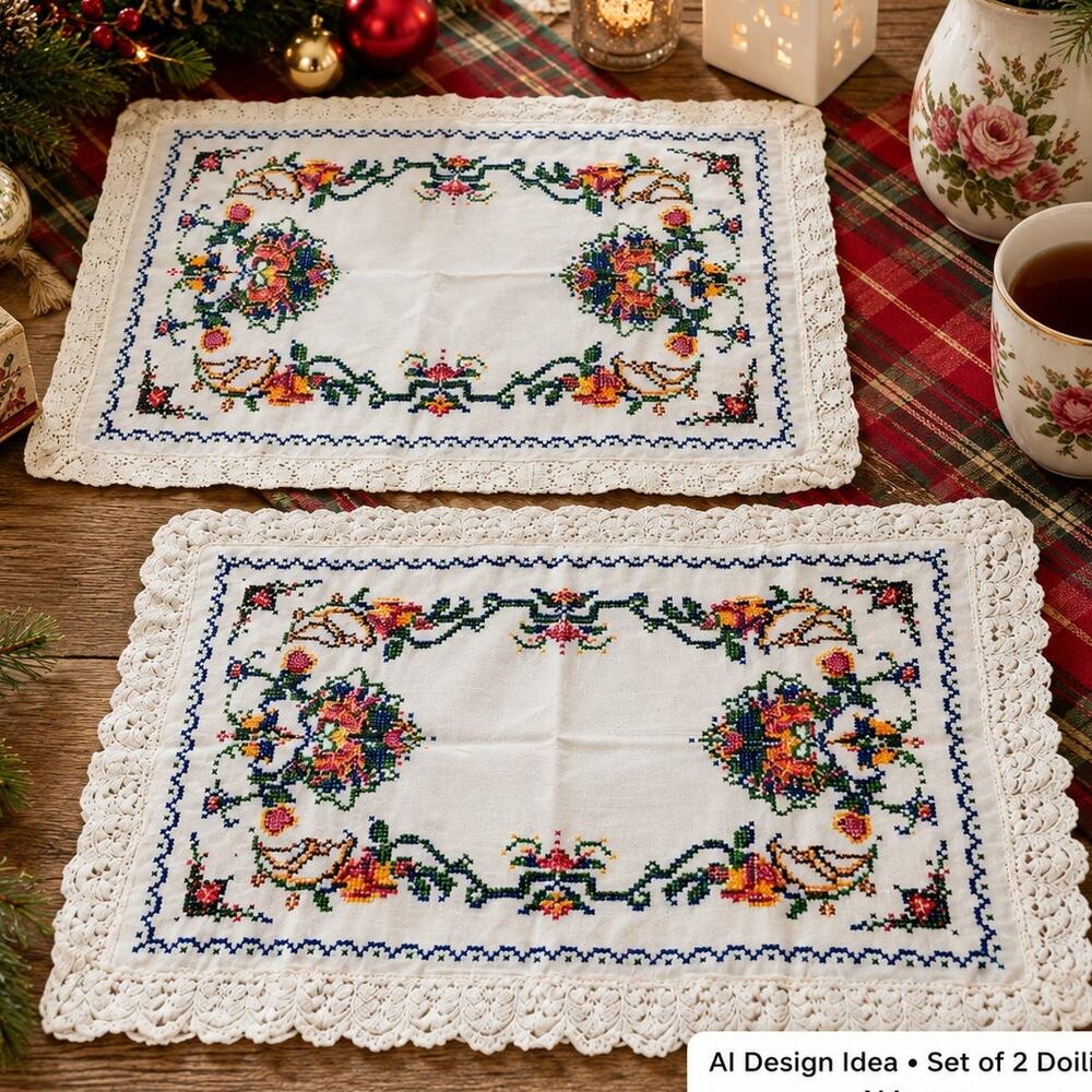 Cross Stitch Christmas Tree Floral Doily Table Scarf Flour Sack Handmade Vintage